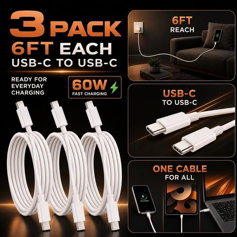 3 Pack 6FT 60W USB-C to USB-C Fast Charging Cable for iPhone 17 Samsung S26 in Kuwait
