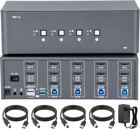 KVM Switch 3 Monitors 4 Computers, 8k Displayport Switch with USB 3.0, Jack, 4 Computers Share a Set of Keyboard, Mouse, Support Windows/Mac/Linux (Triple Monitor) in Kuwait