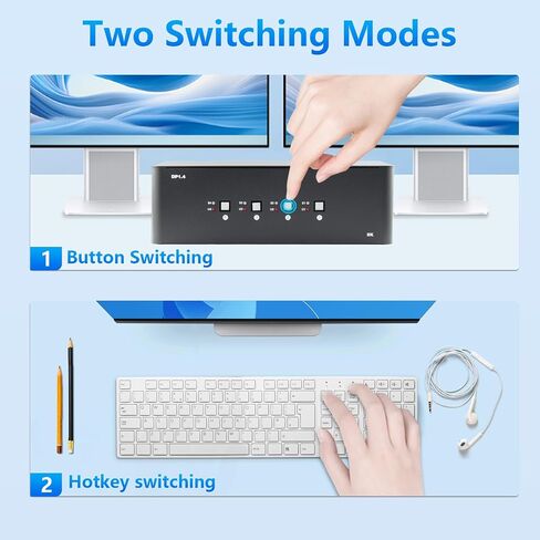 KVM Switch 3 Monitors 4 Computers, 8k Displayport Switch with USB 3.0, Jack, 4 Computers Share a Set of Keyboard, Mouse, Support Windows/Mac/Linux (Triple Monitor) in Kuwait