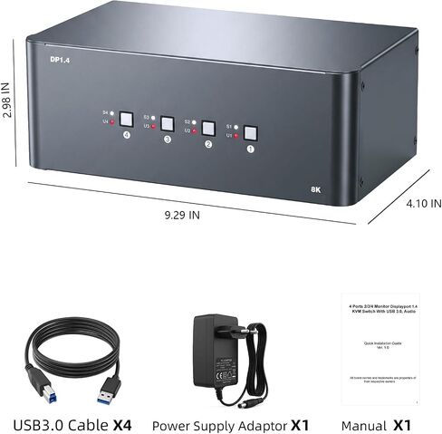 KVM Switch 3 Monitors 4 Computers, 8k Displayport Switch with USB 3.0, Jack, 4 Computers Share a Set of Keyboard, Mouse, Support Windows/Mac/Linux (Triple Monitor) in Kuwait
