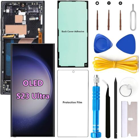 OLED Screen Replacement for Samsung Galaxy S23 Ultra 5G for Samsung S23Ultra SM-S918U SM-S918U1 LCD Display Digitizer Touch Assembly Support Fingerprint S-Pen (Black Frame+Protector+Adhesive+Tools) in Kuwait