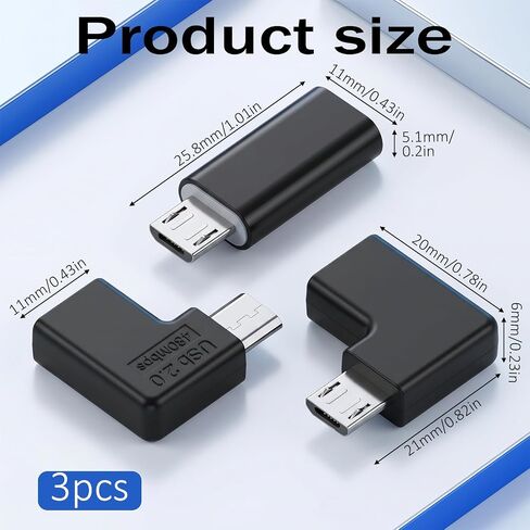 SynHHergyx USB C to Micro USB Adapter 3 Pack USBC to USB Micro Adapter USB-C Type-C Female to USB 2.0 5Pin Male Data Adapters 90 Degree Left & Right Angled Type in Kuwait