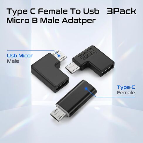 SynHHergyx USB C to Micro USB Adapter 3 Pack USBC to USB Micro Adapter USB-C Type-C Female to USB 2.0 5Pin Male Data Adapters 90 Degree Left & Right Angled Type in Kuwait