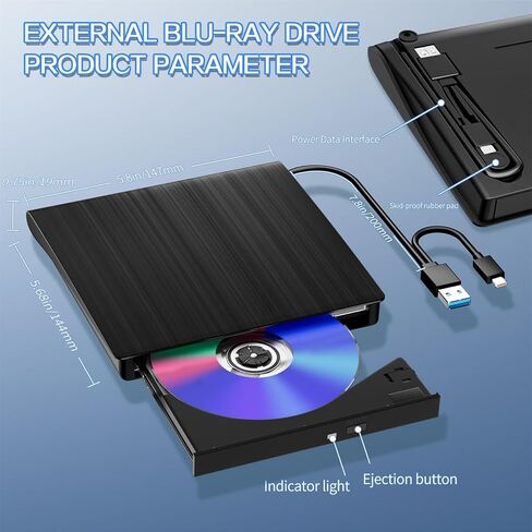 External USB 30 & Type-C DVD Drive for Laptop Portable Optical Disc Player Rewriter Burner 3D - Reader Slim PC ROM Enclosure (Black, 14X14X3CM) in Kuwait