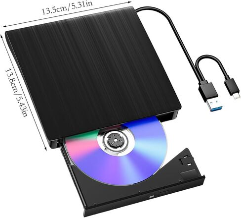 External USB 30 & Type-C DVD Drive for Laptop Portable Optical Disc Player Rewriter Burner 3D - Reader Slim PC ROM Enclosure (Black, 14X14X3CM) in Kuwait