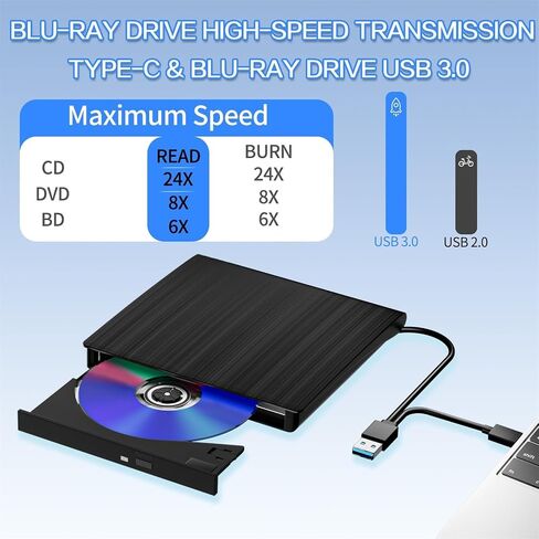 External USB 30 & Type-C DVD Drive for Laptop Portable Optical Disc Player Rewriter Burner 3D - Reader Slim PC ROM Enclosure (Black, 14X14X3CM) in Kuwait