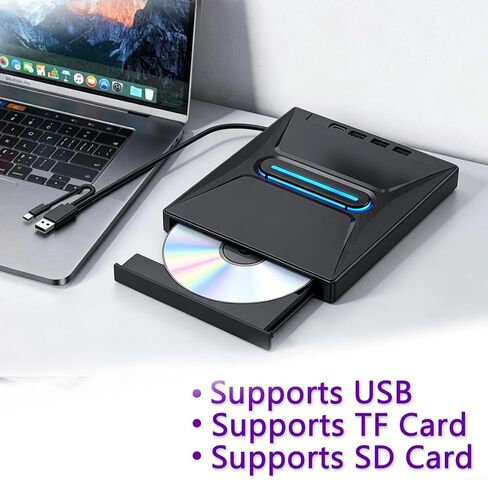 7 in 1 External USB DVD Drive and Card Reader for Laptop Desktop MacBook 11 10 USB 30 Type C Portable RW Burner Writer with Three USB Ports and Slots (Black, 15.5CM) in Kuwait