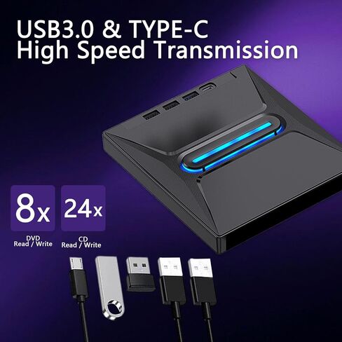 7 in 1 External USB DVD Drive and Card Reader for Laptop Desktop MacBook 11 10 USB 30 Type C Portable RW Burner Writer with Three USB Ports and Slots (Black, 15.5CM) in Kuwait