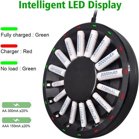 16 Bay AA AAA Battery Charger (Updated, High Speed Charging) with Smart LED Light and Plug, for NIMH NICD Rechargeable Batteries and More in Saudi Arabia