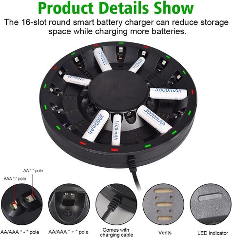 16 Bay AA AAA Battery Charger (Updated, High Speed Charging) with Smart LED Light and Plug, for NIMH NICD Rechargeable Batteries and More in Saudi Arabia