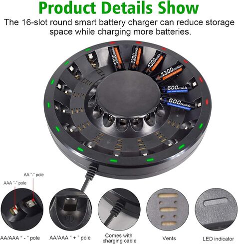 16 Bay AA AAA Battery Charger (Updated, High Speed Charging) with Smart LED Light and Plug, for NIMH NICD Rechargeable Batteries and More in Saudi Arabia