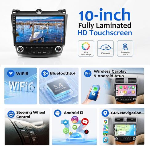 5G-WiFi6 (4Core 64G ROM) Car Radio Stereo for Honda Accord 7th 2003 2004 2005 2006 2007,10 inch Touch Screen Head Unit with Wireless Carplay Android Auto GPS Bluetooth SWC FM HD Backup Camera in Kuwait