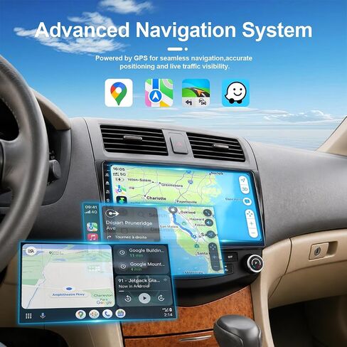 5G-WiFi6 (4Core 64G ROM) Car Radio Stereo for Honda Accord 7th 2003 2004 2005 2006 2007,10 inch Touch Screen Head Unit with Wireless Carplay Android Auto GPS Bluetooth SWC FM HD Backup Camera in Kuwait
