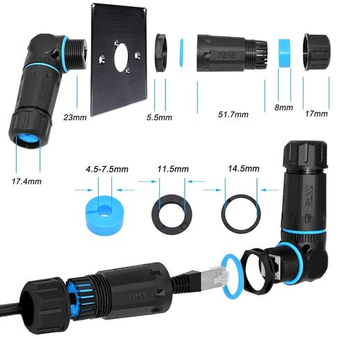 90 Degree Angled RJ45 Ethernet Panel Mount Connector, IP68 Waterproof 10Gbps Female Socket Coupler, Heavy Duty Adapter for Outdoor Industrial LAN Cable in Kuwait