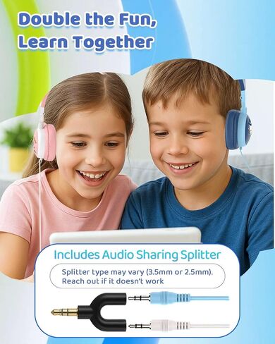 Kids Headphones for School, Ages 6+, 2 Pack with Splitter, Safe 98dB Volume, Fun Colors, Perfect for Sharing at Home, Travel & Classroom, Blue in Saudi Arabia