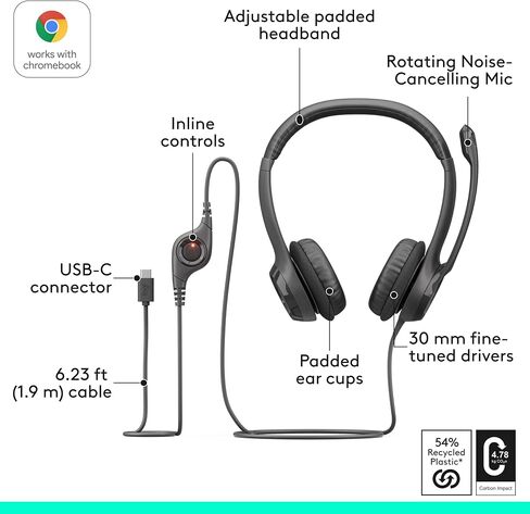 Logitech H391 Wired Headset for PC/Laptop, Stereo Headphones with Noise Canceling Microphone, USB-C, in-Line Controls, Works with Chromebook - Graphite (Pack of 12) in Saudi Arabia