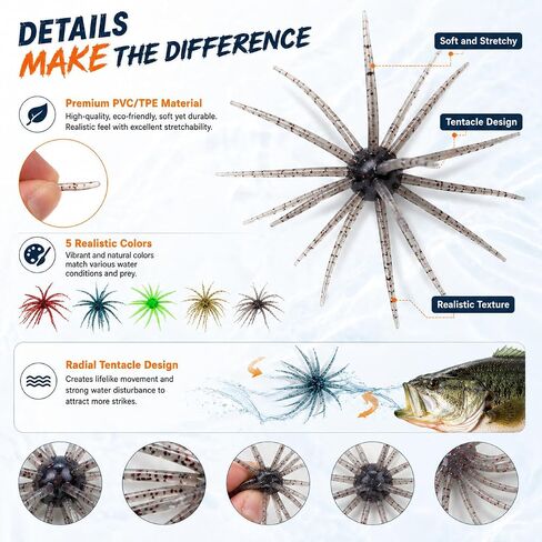 25pcs Sea Urchin Soft Lure,Soft Plastic Baits,Creature Bait for Bass Pike Trout Fishing,Fishing Lures for Drop Shot, Wacky Rig/Neko Rig and Finesse in Saudi Arabia