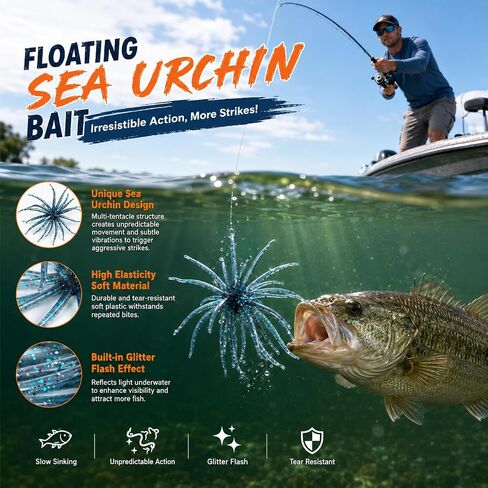 25pcs Sea Urchin Soft Lure,Soft Plastic Baits,Creature Bait for Bass Pike Trout Fishing,Fishing Lures for Drop Shot, Wacky Rig/Neko Rig and Finesse in Saudi Arabia