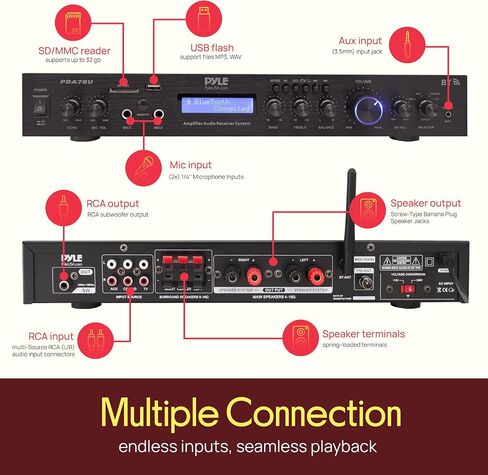 Pyle 5-Channel Bluetooth Home Theater Amplifier – Karaoke Receiver with Dual Mic Inputs & Echo, Subwoofer Out, USB/SD/FM Radio, RCA/AUX/CD-DVD/TV Inputs, Rack Mounts, Remote – PDA7BU.6 in Saudi Arabia