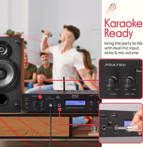 Pyle 5-Channel Bluetooth Home Theater Amplifier – Karaoke Receiver with Dual Mic Inputs & Echo, Subwoofer Out, USB/SD/FM Radio, RCA/AUX/CD-DVD/TV Inputs, Rack Mounts, Remote – PDA7BU.6 in Saudi Arabia