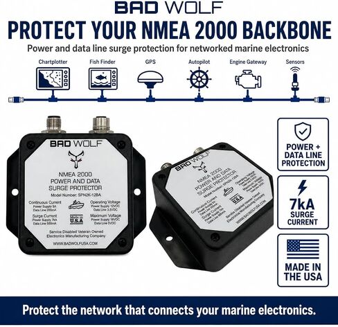 Bad Wolf SPN2K-12BA NMEA 2000 Backbone Surge Protector, Power and Data Line Protection for 12VDC Marine Electronics Networks, Chartplotters, GPS, Fish Finders, Autopilots & Sensors in Kuwait