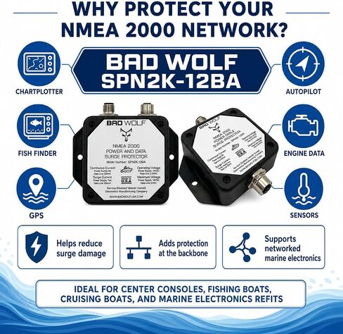 Bad Wolf SPN2K-12BA NMEA 2000 Backbone Surge Protector, Power and Data Line Protection for 12VDC Marine Electronics Networks, Chartplotters, GPS, Fish Finders, Autopilots & Sensors in Kuwait