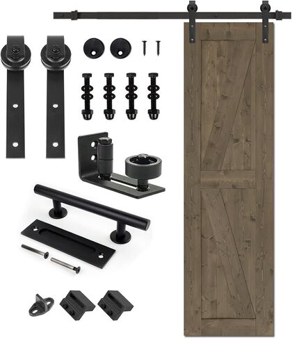 S&Z TOPHAND® 20in x 84in Elephant Gray Knotty Pine Barn Door with 4FT Sliding Hardware Kit/Double -Sided Handle/Solid Wood/Simple Assembly is Required in Kuwait