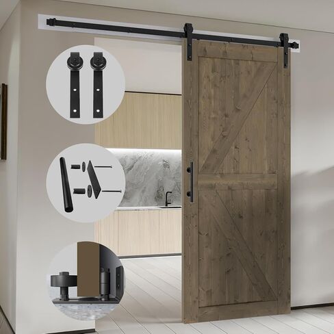 S&Z TOPHAND® 20in x 84in Elephant Gray Knotty Pine Barn Door with 4FT Sliding Hardware Kit/Double -Sided Handle/Solid Wood/Simple Assembly is Required in Kuwait