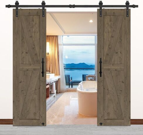 S&Z TOPHAND® 20in x 84in Double Elephant Gray Knotty Pine Barn Door with 8FT Sliding Hardware Kit/Double -Sided Handle/Solid Wood/Simple Assembly is Required in Kuwait