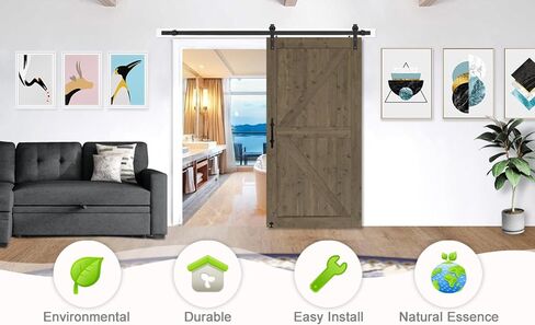 S&Z TOPHAND® 20in x 84in Double Elephant Gray Knotty Pine Barn Door with 8FT Sliding Hardware Kit/Double -Sided Handle/Solid Wood/Simple Assembly is Required in Kuwait