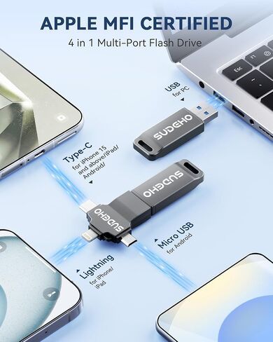 MFi Certified Photo Stick 256GB USB 3.0 Flash Drive for iPhone, 4 in 1 External Thumb Drive for Picture Video Backup, High Speed Memory Stick Pen Drive for iPhone/iPad/Android/PC (Gun Black) in Kuwait