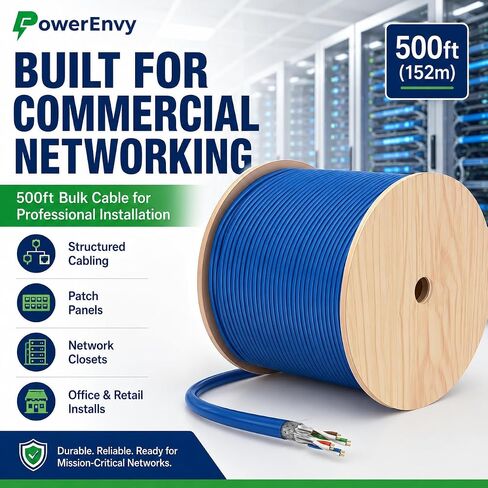 Cat7 S/FTP Ethernet Cable 500ft LAN, Category 7 Network Cable 23 AWG 4 Pair Solid Bare Copper 750Mhz 1000M 4 Twisted Pairs, CMR Rated, Aluminum Foil Shielding (Blue) in Kuwait