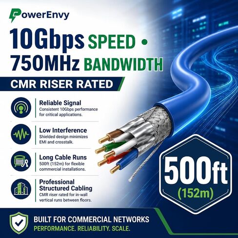 Cat7 S/FTP Ethernet Cable 500ft LAN, Category 7 Network Cable 23 AWG 4 Pair Solid Bare Copper 750Mhz 1000M 4 Twisted Pairs, CMR Rated, Aluminum Foil Shielding (Blue) in Kuwait