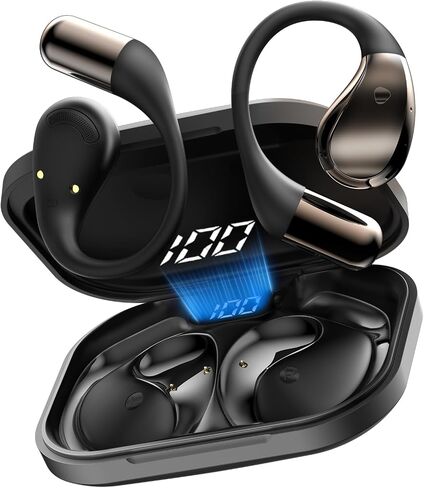 Open-Ear Headphones, Bluetooth 6.0 Wireless Earbuds Powerful Sound, 40H Open Ear Earbuds with ENC Mic, Comfortable Ear Hooks/IP7 Waterproof/Fast Charging Earphones for Workouts/Running, Black in Kuwait