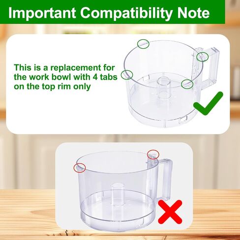 7-Cup Food Processor Work Bowl Compatible with Cuisinart DLC-10 Series（4tabs）, Replace#: FP-631AGTXT,Note: This is a replacement for the one with 4 tabs on the rim ONLY in Kuwait