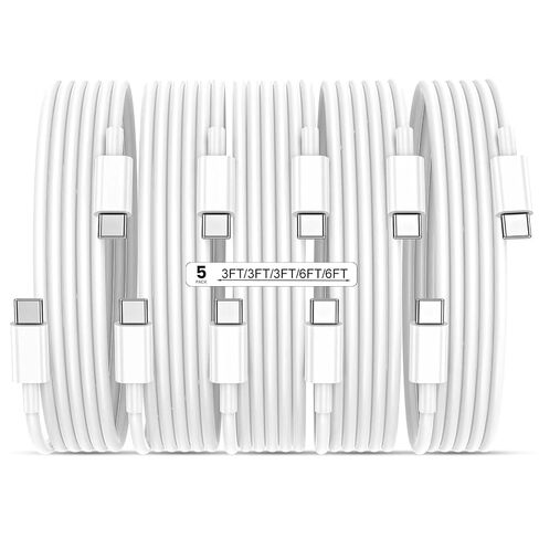 USB C to USB C 60W Fast Charging Cable 5-Pack [3ft+3ft+3ft+6ft+6ft] White in Kuwait