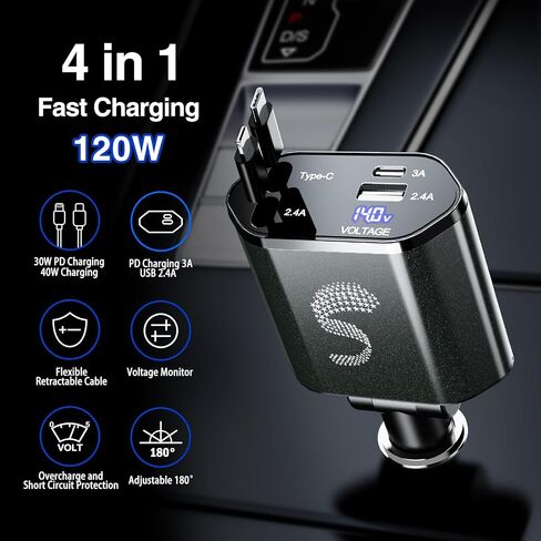 Retractable Car Charger USB C Fast Charging 120W, Car Accessories Cigarette Lighter Adapter Car iPhone17 16 15 14 13, Galaxy S26, Pixel Charger Travel Essentials Gift for Travelers, Men, Women in Kuwait