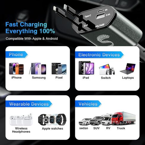 Retractable Car Charger USB C Fast Charging 120W, Car Accessories Cigarette Lighter Adapter Car iPhone17 16 15 14 13, Galaxy S26, Pixel Charger Travel Essentials Gift for Travelers, Men, Women in Kuwait