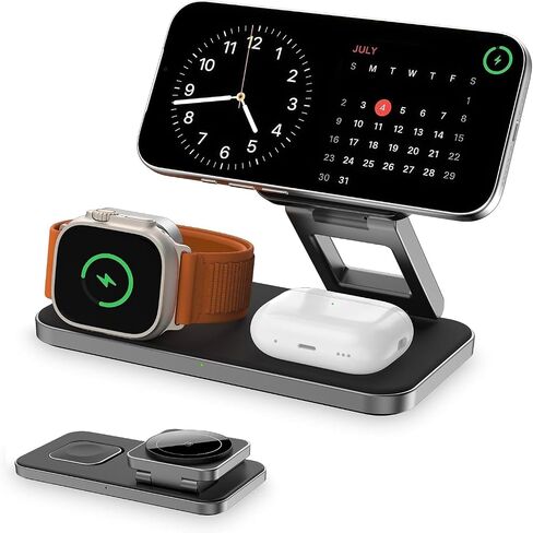 3 in 1 Magnetic Wireless Charger for Multiple Devices, Fast Foldable Travel Mag-Safe Charger Stand for iPhone 17 16 15 14 13 12, Wireless Charging Station for iWatch Series, for AirPods Black in Kuwait