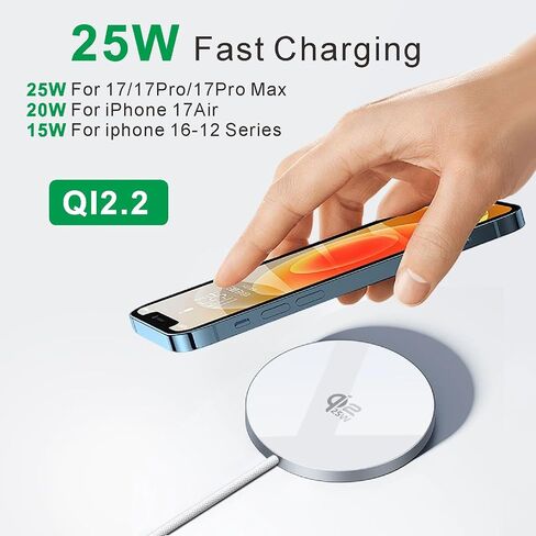 25W Magnetic Wireless Charger :Qi2.2 Qi2 Compatible with MagSafe Fast Charger for iPhone Air 17e 17 16 15 14 Pro Max, Samsung Galaxy S26 S25, Google Pixel 11 10&AirPods, Gift for Desk Travel in Kuwait