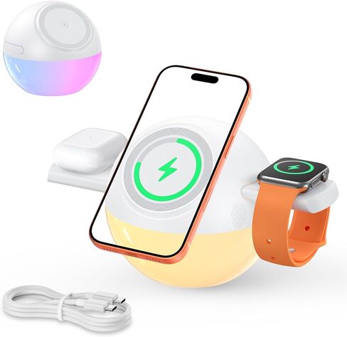 Moon Lamp 8 Color LED Night Light with 3 in 1 Wireless Charger for iPhone 17-12 Series,iWatch, Airpods One Touch Hidden System Best Birthday Gift Ideas Teenage,Applicable for Bedroom/Teen Girl Gifts in Kuwait