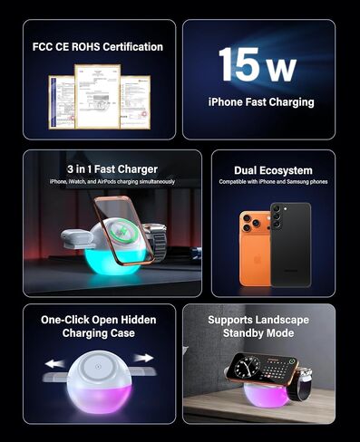 Moon Lamp 8 Color LED Night Light with 3 in 1 Wireless Charger for iPhone 17-12 Series,iWatch, Airpods One Touch Hidden System Best Birthday Gift Ideas Teenage,Applicable for Bedroom/Teen Girl Gifts in Kuwait