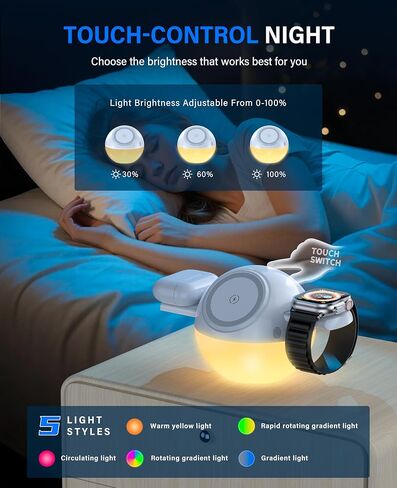 Moon Lamp 8 Color LED Night Light with 3 in 1 Wireless Charger for iPhone 17-12 Series,iWatch, Airpods One Touch Hidden System Best Birthday Gift Ideas Teenage,Applicable for Bedroom/Teen Girl Gifts in Kuwait