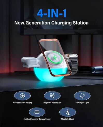 Moon Lamp 8 Color LED Night Light with 3 in 1 Wireless Charger for iPhone 17-12 Series,iWatch, Airpods One Touch Hidden System Best Birthday Gift Ideas Teenage,Applicable for Bedroom/Teen Girl Gifts in Kuwait