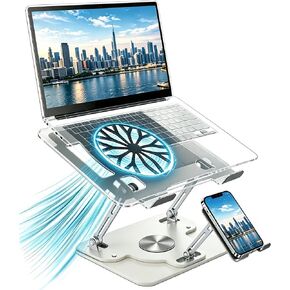 Laptop Stand for Desk with Quiet Cooling Fans - 360 Rotating Base Ergonomic Computer Stand, Aluminum Laptop Riser Foldable Protable for Office Home fits MacBook Air Pro, Dell, HP (10-17.3'') (black) in Kuwait