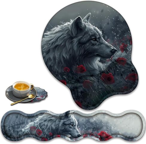 Keyboard Wrist Rest Pad + Wrist Rest Support Mouse Pad + Lace-Shaped Coaster Set. Ergonomic Relief Wrist Pain Anti-Slip Mouse Pad for Home and Office, Leopard Print in Kuwait