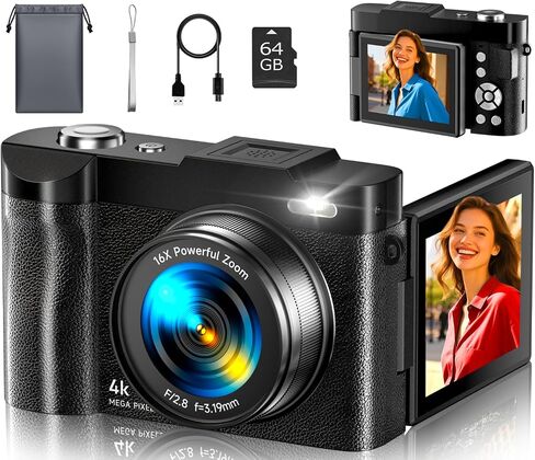 4K Digital Camera for Photography, 50MP Autofocus Point and Shoot Digital Cameras for YouTube, 16X Zoom with 2.8" 180°Flip Screen, Vlogging Camera for Teens & Beginners- 64GB in Kuwait
