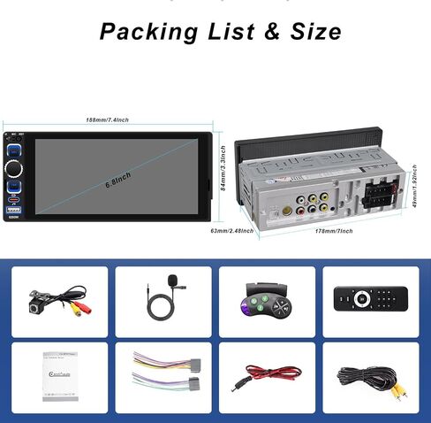 6.8" Single Din Car Stereo with Wireless CarPlay, Android Auto Car Radio in Kuwait