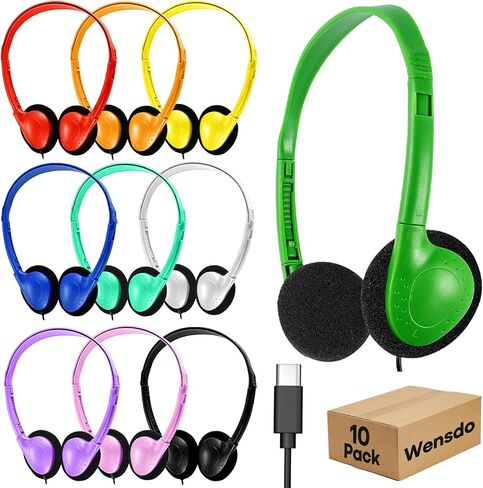 USB C Kids Headphones Bulk for Classroom School 10 Pack, Wired On-Ear Type C Headset for Students Compatible with Chromebook Laptop PC Tablet Smartphones (HY857C, 10 Mixed) in Kuwait