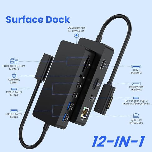 Surface Dock Triple Displays 4K HDMI+DP+Thunderbolt 4, 12 in 1 Surface Docking Station with 120W Power Adapter for Surface Pro 12/11/10/9/8/X/7/6/5, Surface Book Go, Surface Laptop, Surface Go Dock in Kuwait